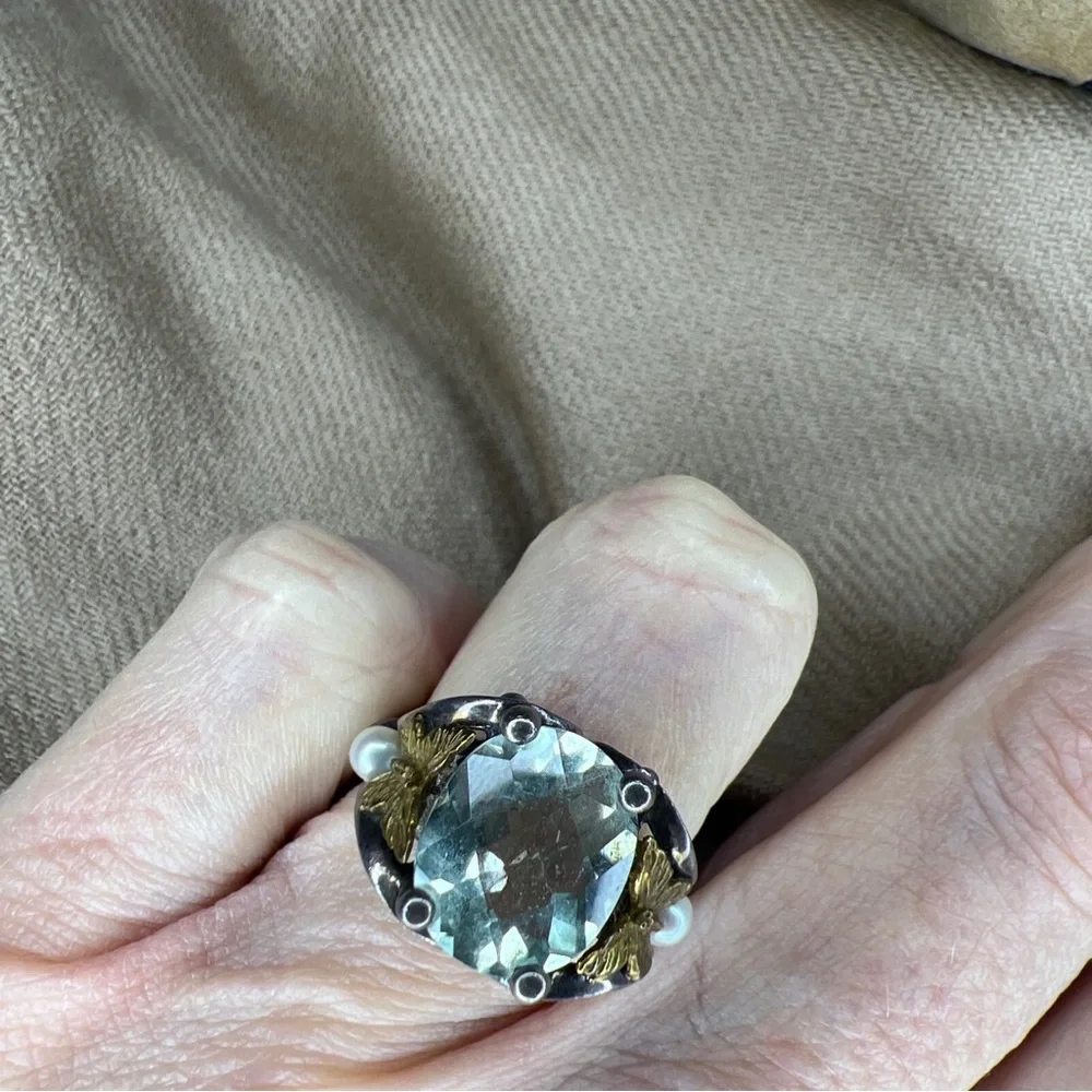 Ann king sterling silver 18K green amethyst/prasiolite pearl butterfly ring - Picture 11 of 16